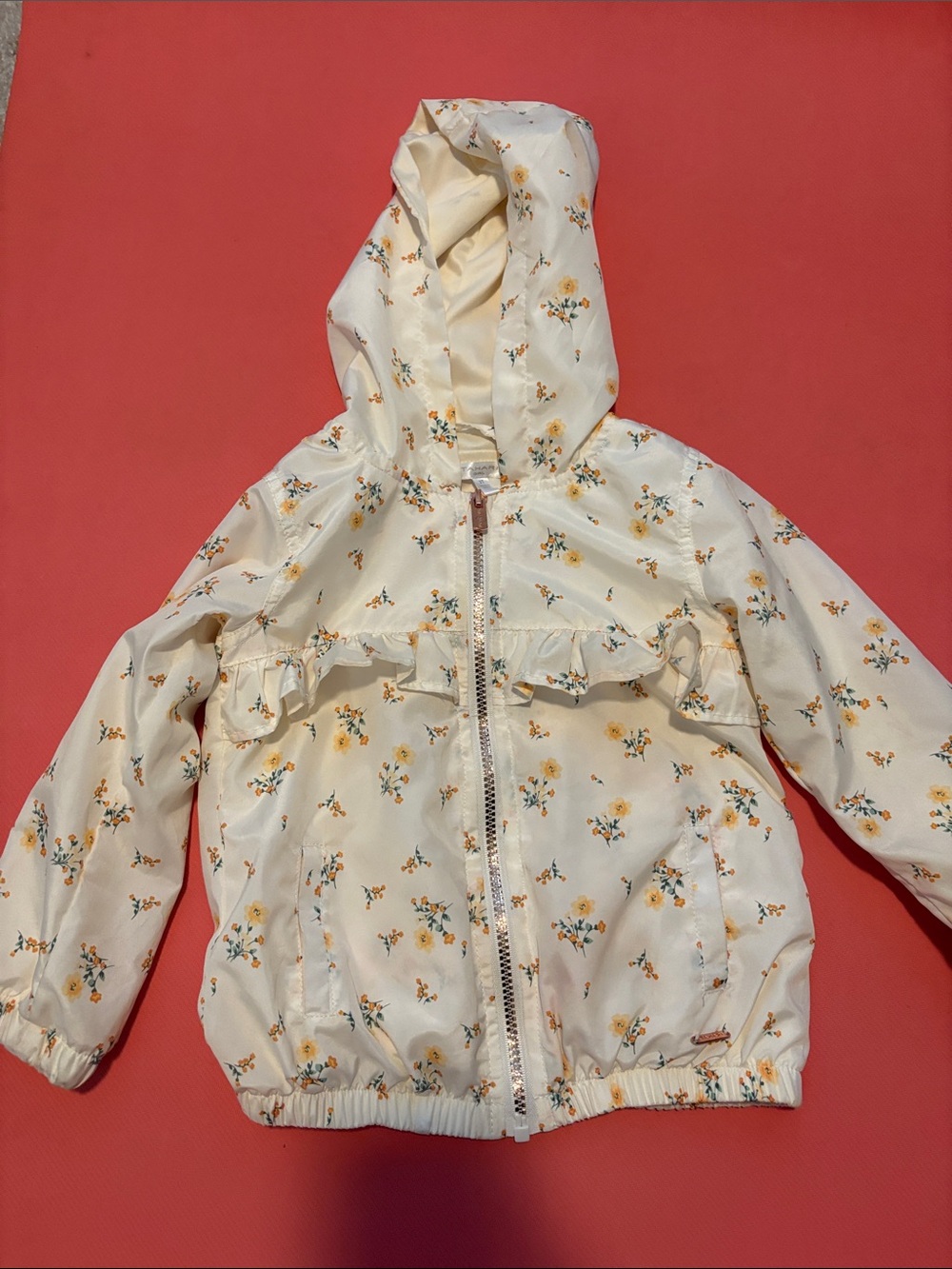 Tahari Cream Floral Hooded Raincoat with Ruffle Detail